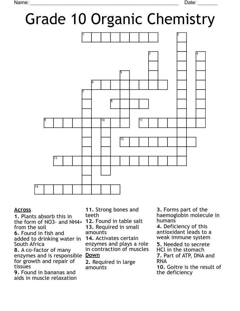 Grade 10 Organic Chemistry Crossword WordMint