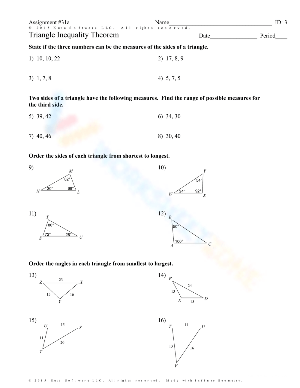 Grade 7 Easter Triangle Inequality Theorem Worksheets Printable