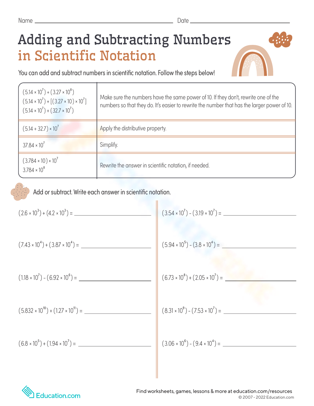 adding and subtracting scientific notation worksheet
