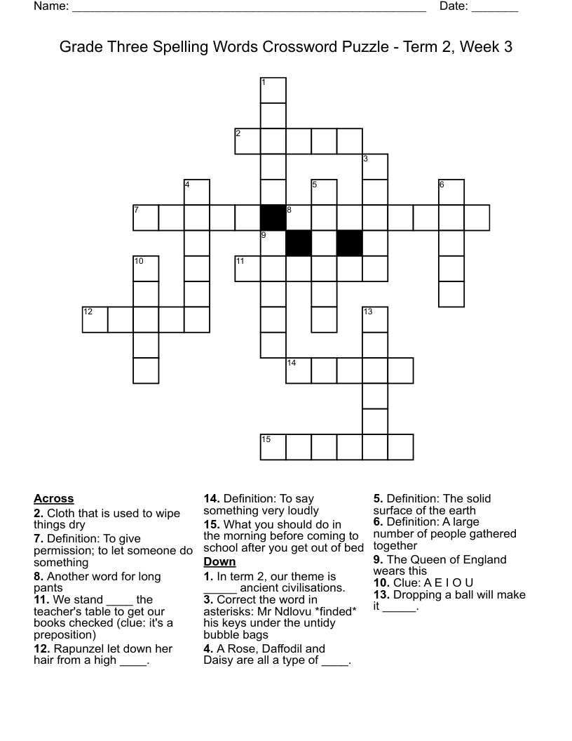Grade Three Spelling Words Crossword Puzzle Term 2 Week 3 WordMint