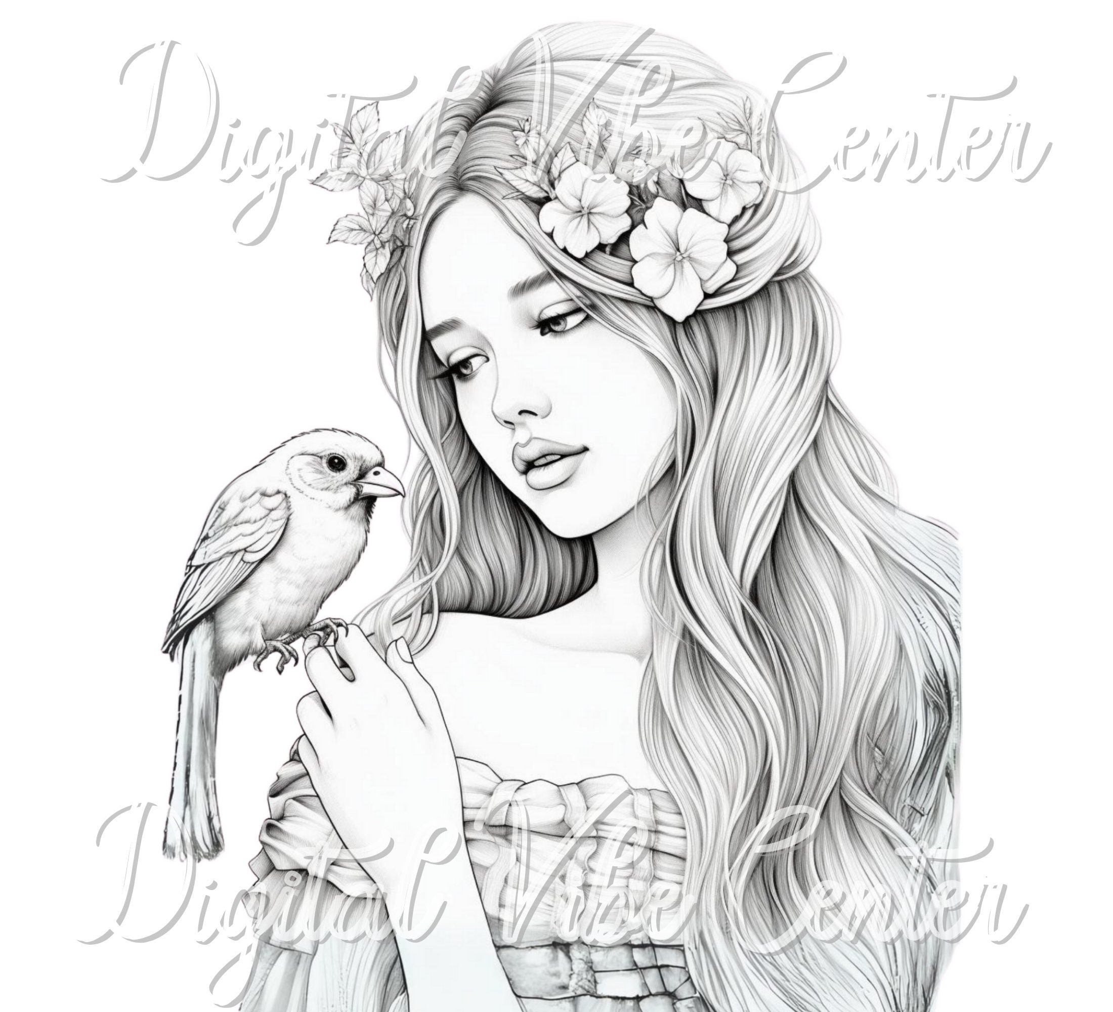 Grayscale Coloring Page For Adults Woman And Bird PDF Etsy Grayscale Coloring Page For Adults Woman And Bird PDF Etsy