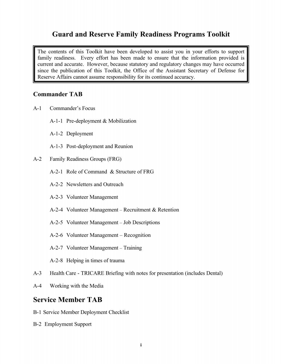 Guard And Reserve Family Readiness Programs Toolkit Service 