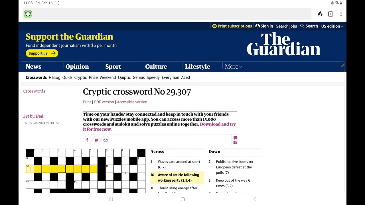 aware of crossword clue