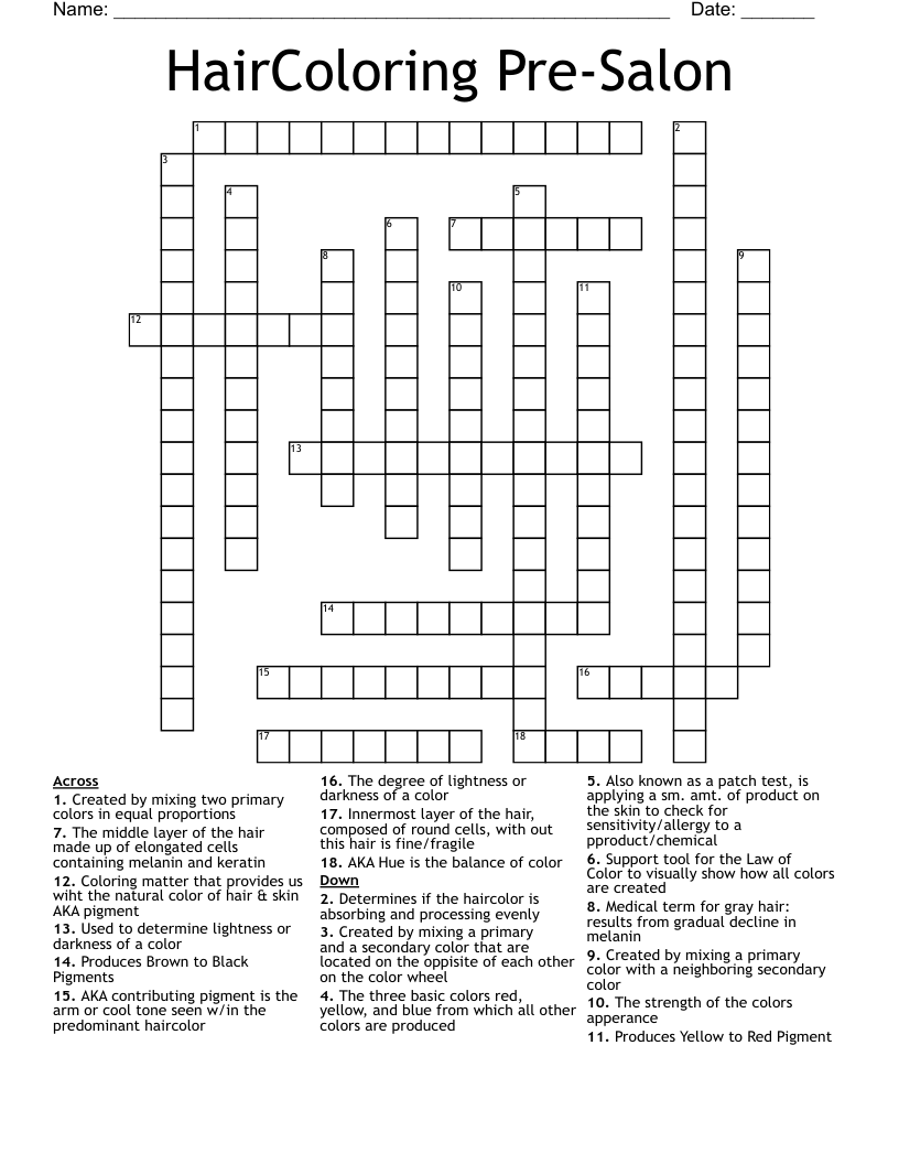 HairColoring Pre Salon Crossword WordMint