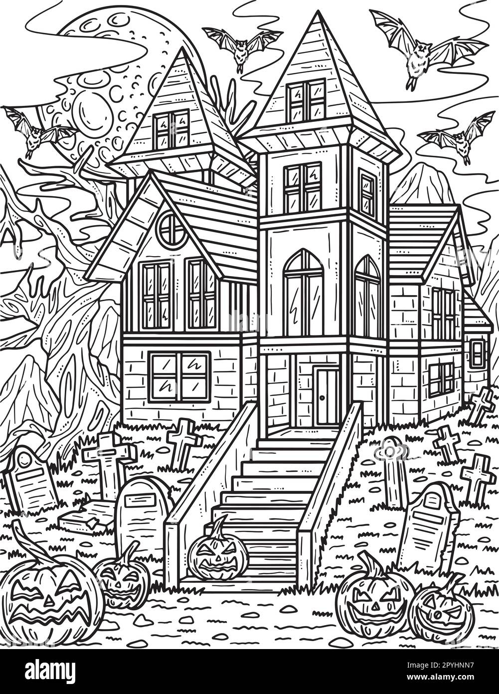 Halloween Haunted House Coloring Page For Adults Stock Vector Image Art Alamy