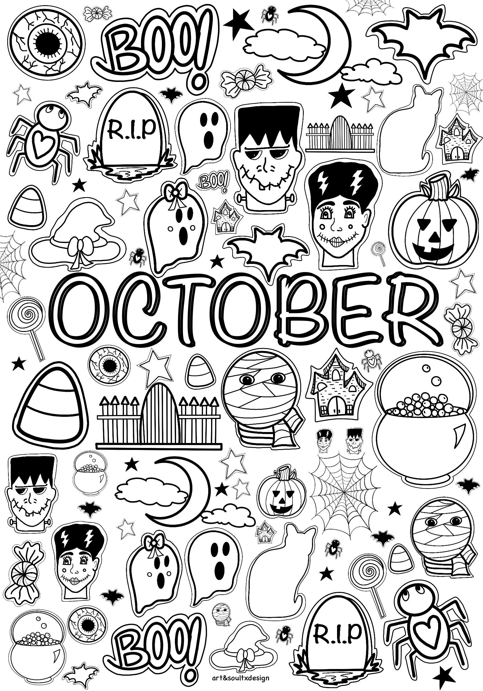Hand drawn Fall Coloring Pages September October November Seasonal Fall Halloween Thanksgiving Autumn Etsy