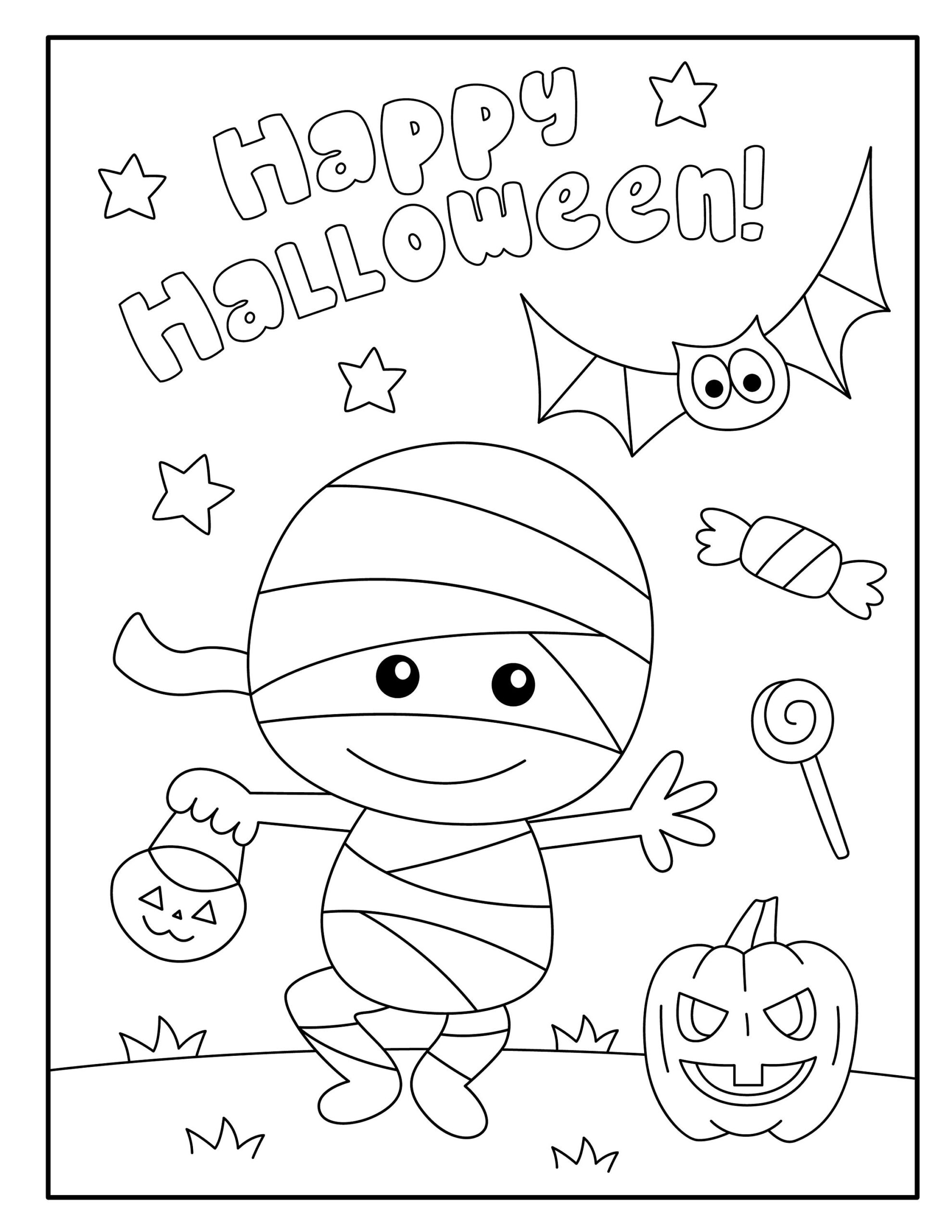 Happy Halloween Coloring Page For Kids Cute Mummy Bat Pumpkin Digital Download EPS Vector And JPG File Toddler Fun Activity Etsy