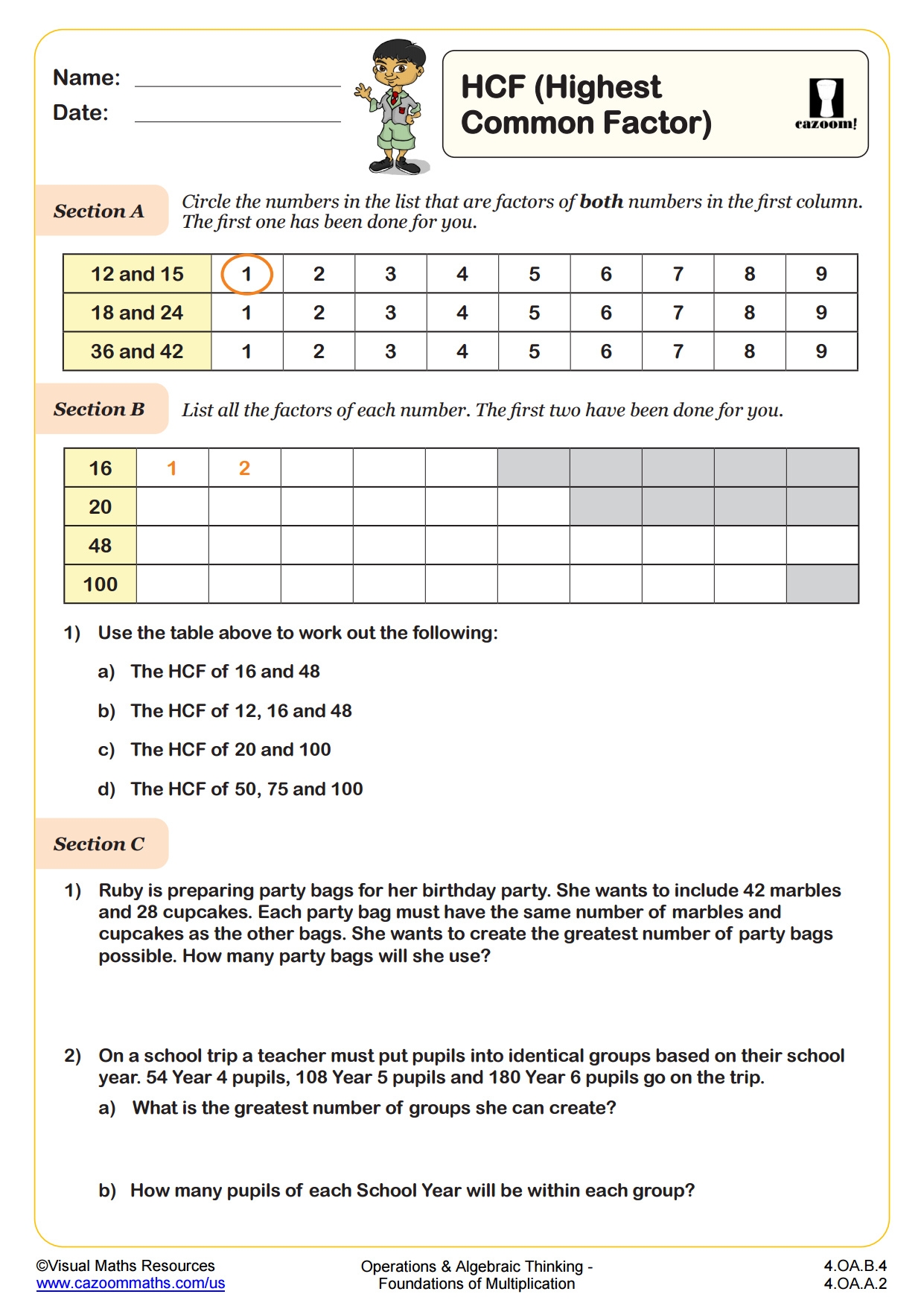HCF Highest Common Factor Worksheet Fun And Engaging 4th Grade PDF Worksheets Cazoom Math