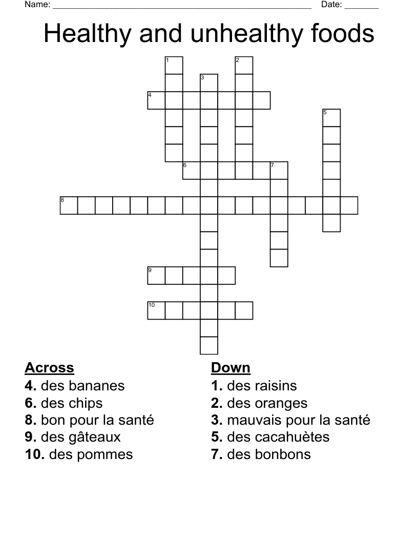 Healthy And Unhealthy Foods Crossword WordMint
