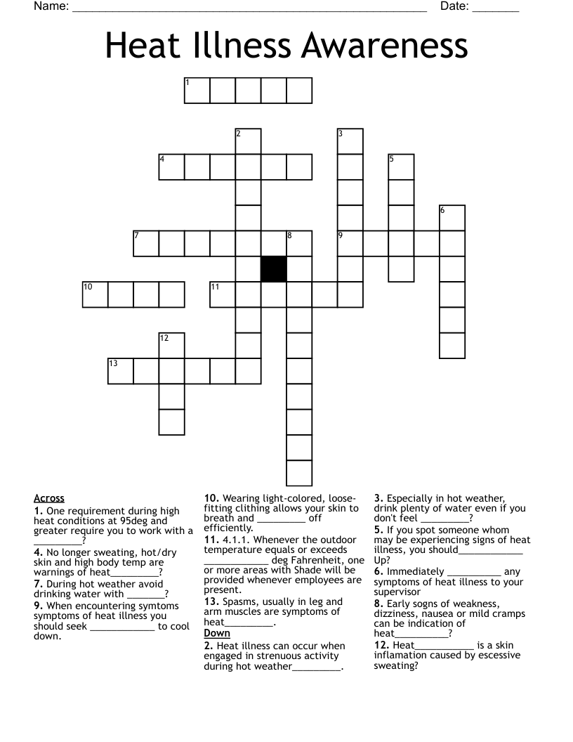 Heat Illness Awareness Crossword WordMint