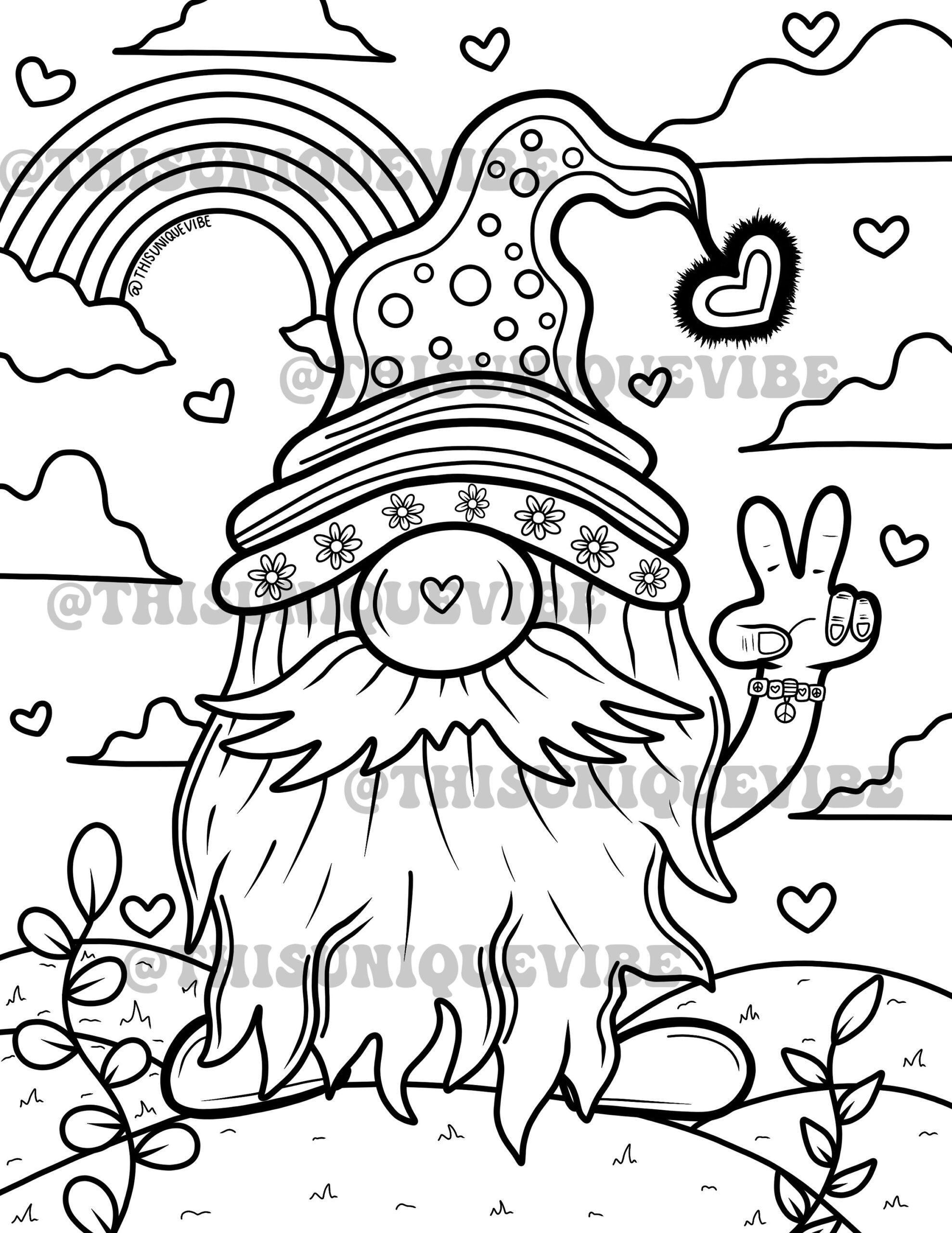 Hippie Gnome Coloring Page printable Adult Coloring Page Coloring Book Trippy Coloring Page Trippy Art Hippie Coloring Page Gnome Etsy