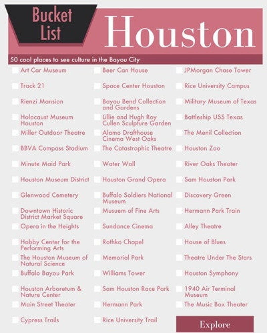 Houston Texas Bucket List Wall Art 50 Fun Things To Do In The Bayou City Printable Digital Design Etsy