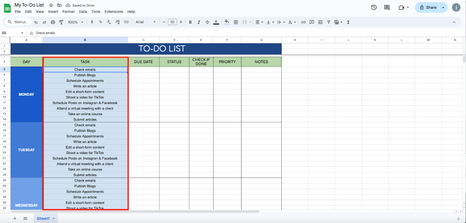 to do list in google sheets