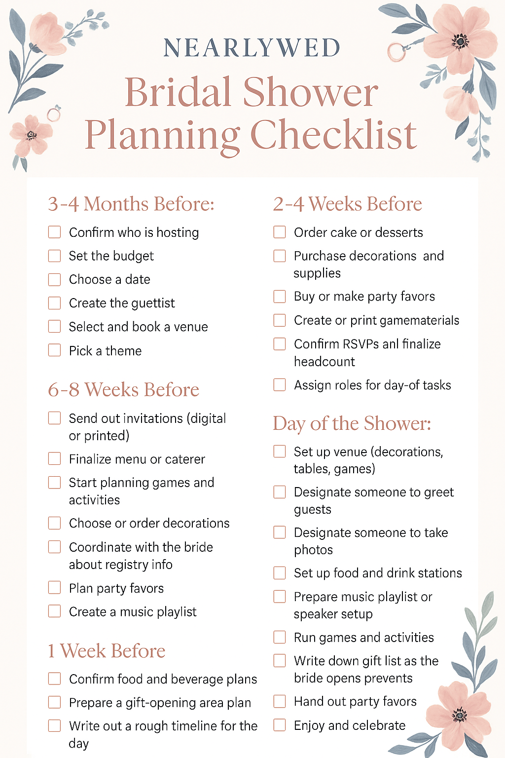 How To Plan A Bridal Shower Downloadable Bridal Shower Checklist