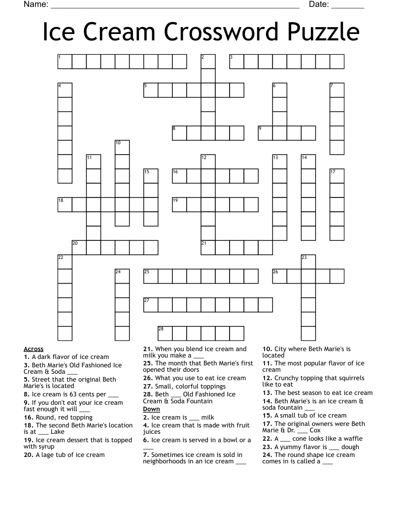 Ice Cream Crossword Puzzle WordMint