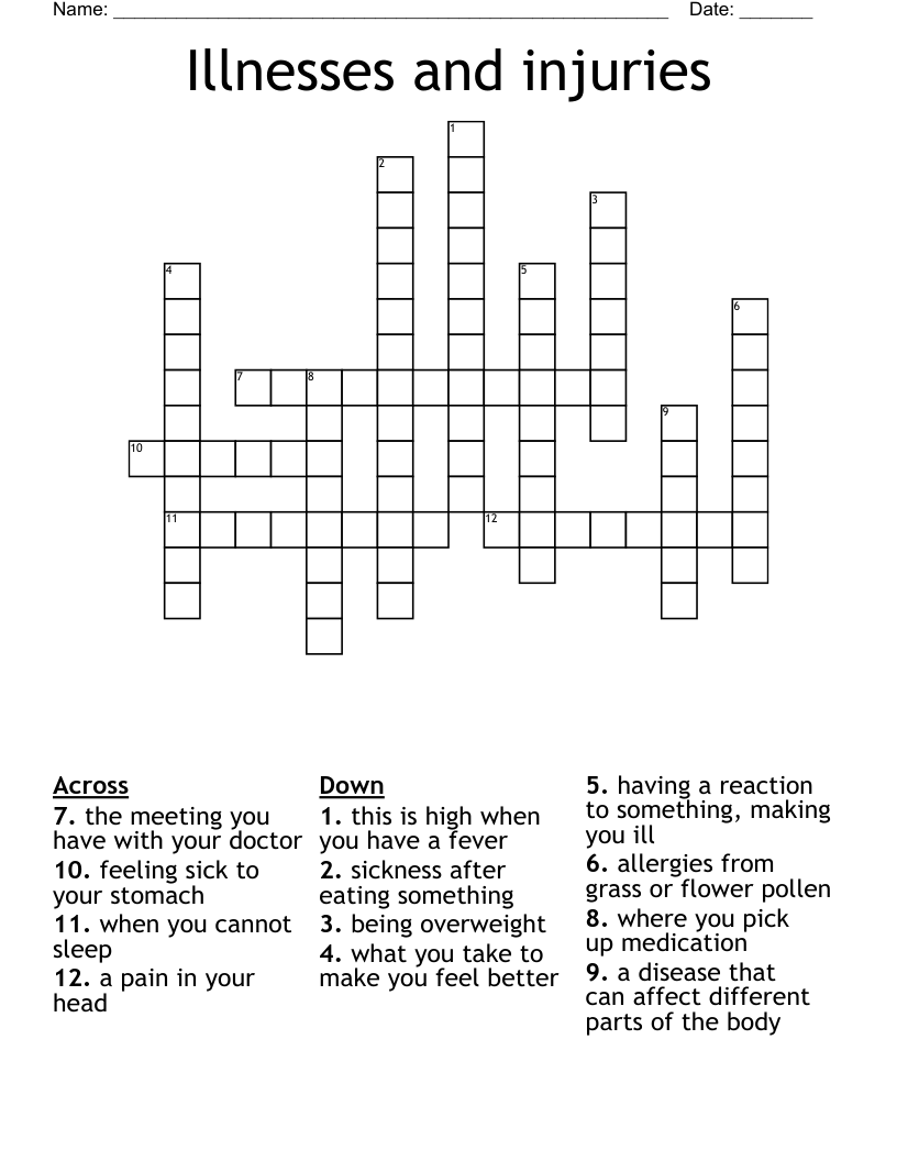 Illnesses And Injuries Crossword WordMint Illnesses And Injuries Crossword WordMint