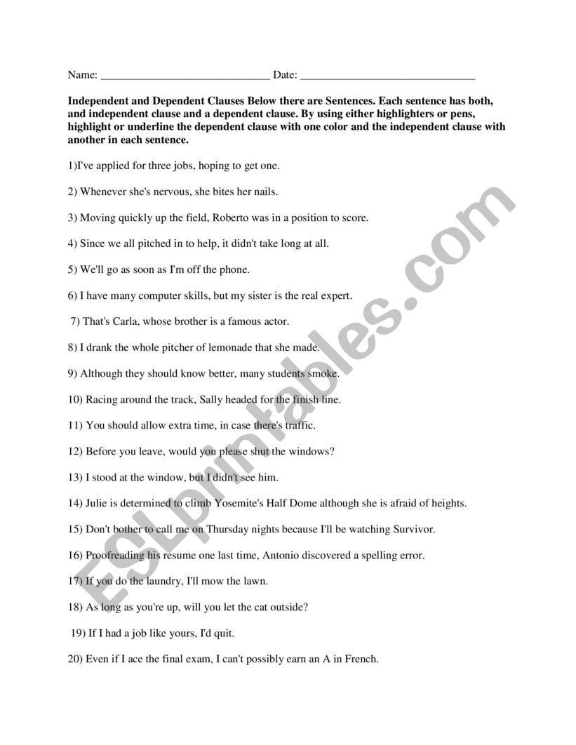 Independent Clauses Dependent Clauses ESL Worksheet By Gtercero Worksheets Library
