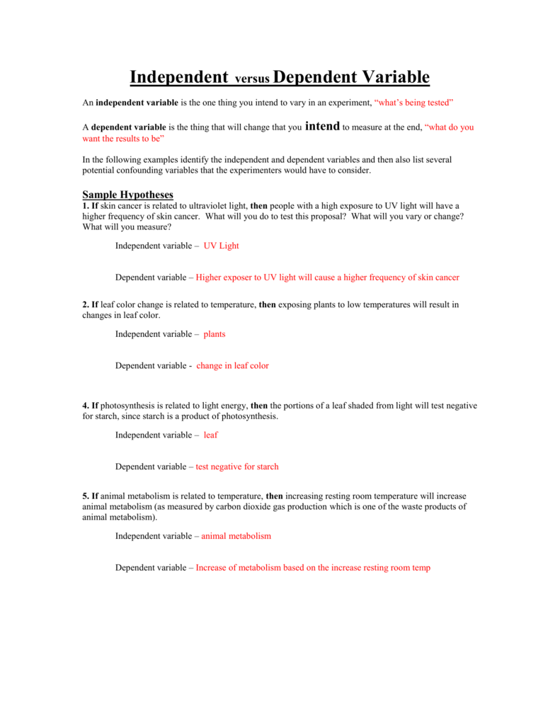 Independent Vs Dependent Variables Worksheet