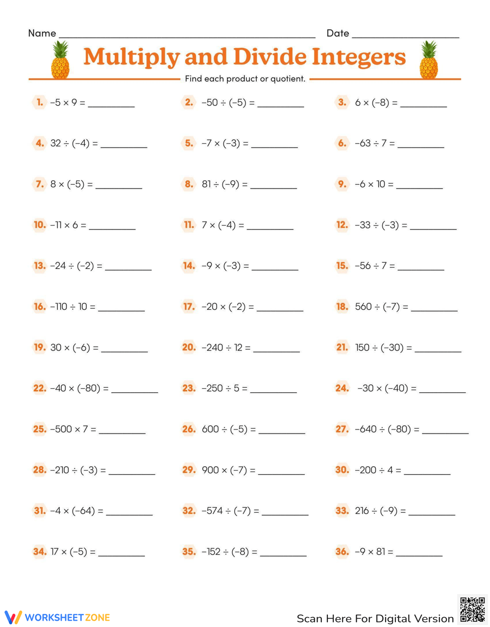 multiplying and dividing integers worksheet