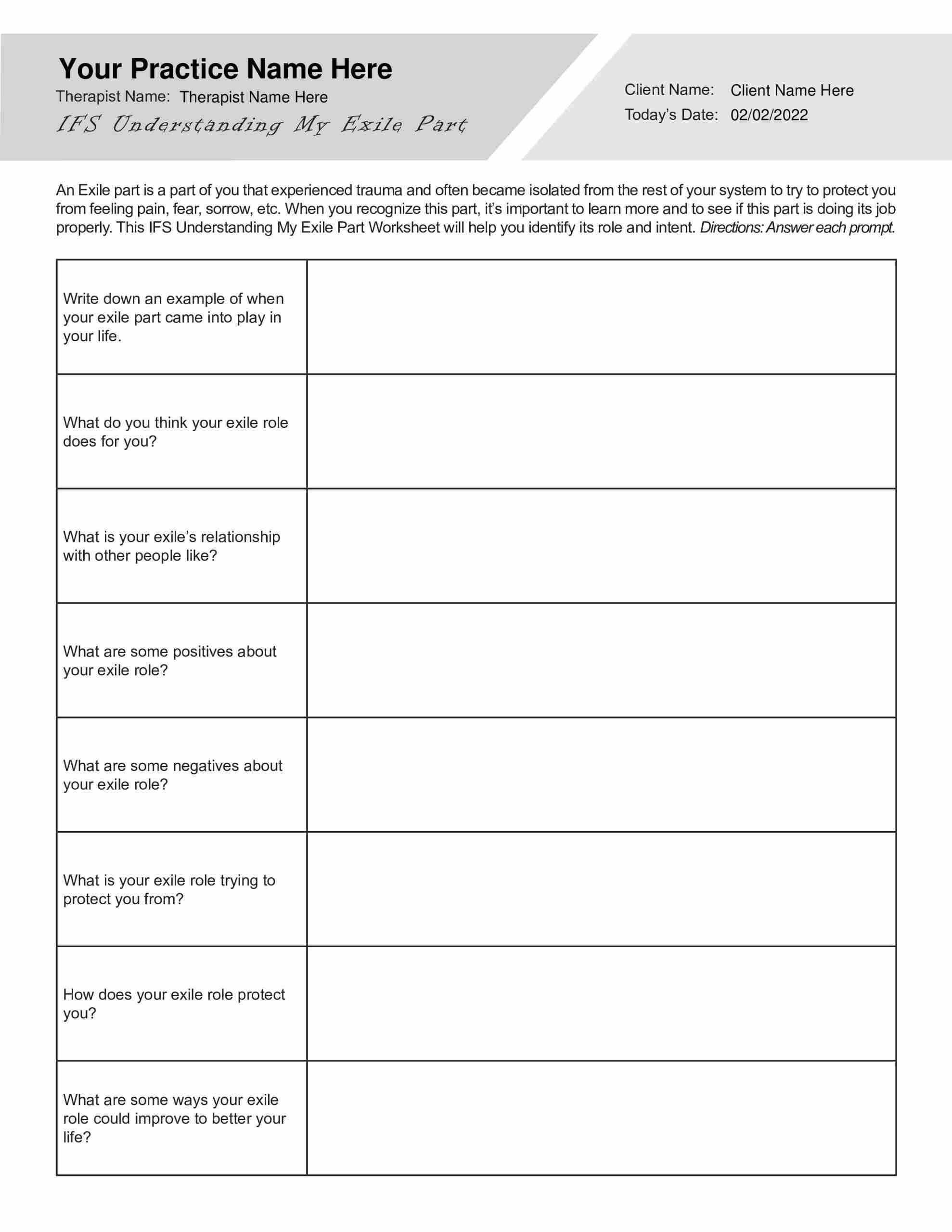 Internal Family Systems Understanding My Exile Part Worksheet PDF TherapyByPro
