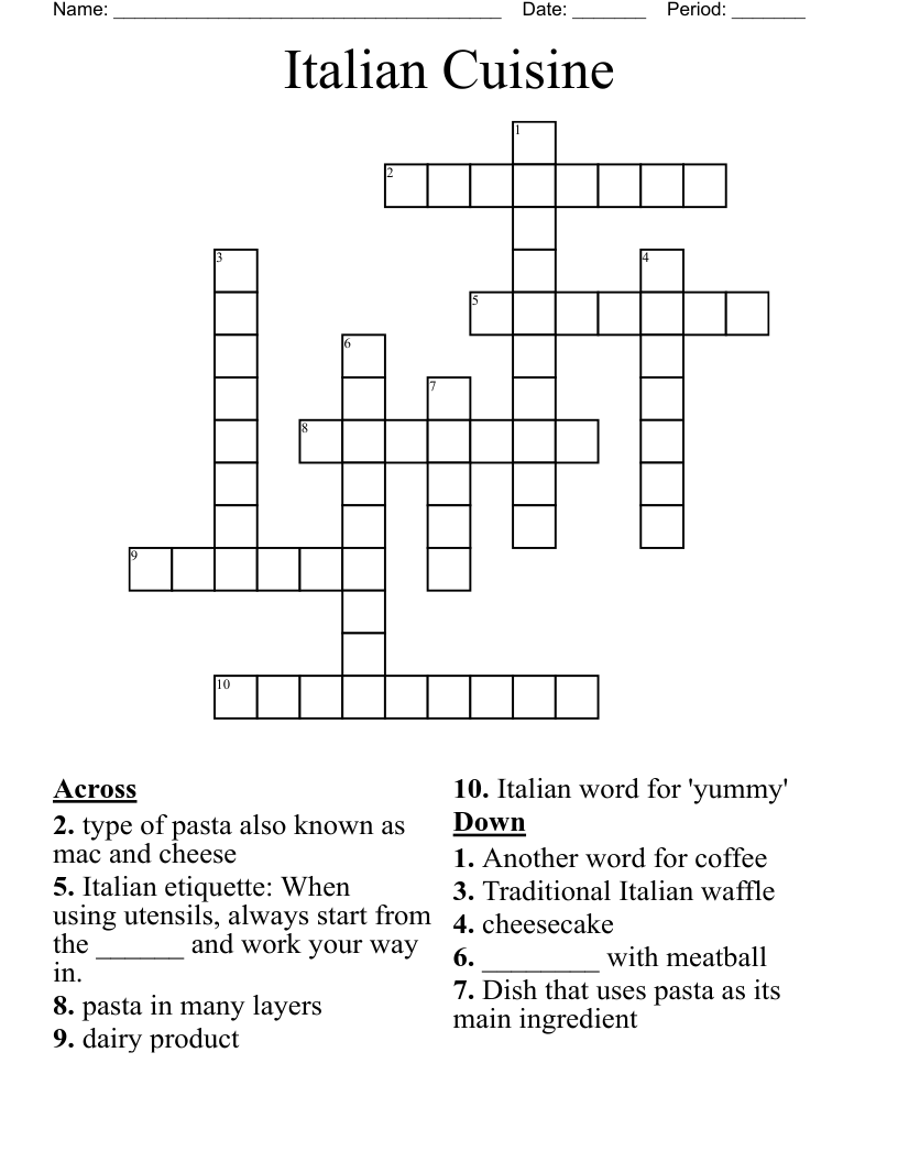 Italian Cuisine Crossword WordMint