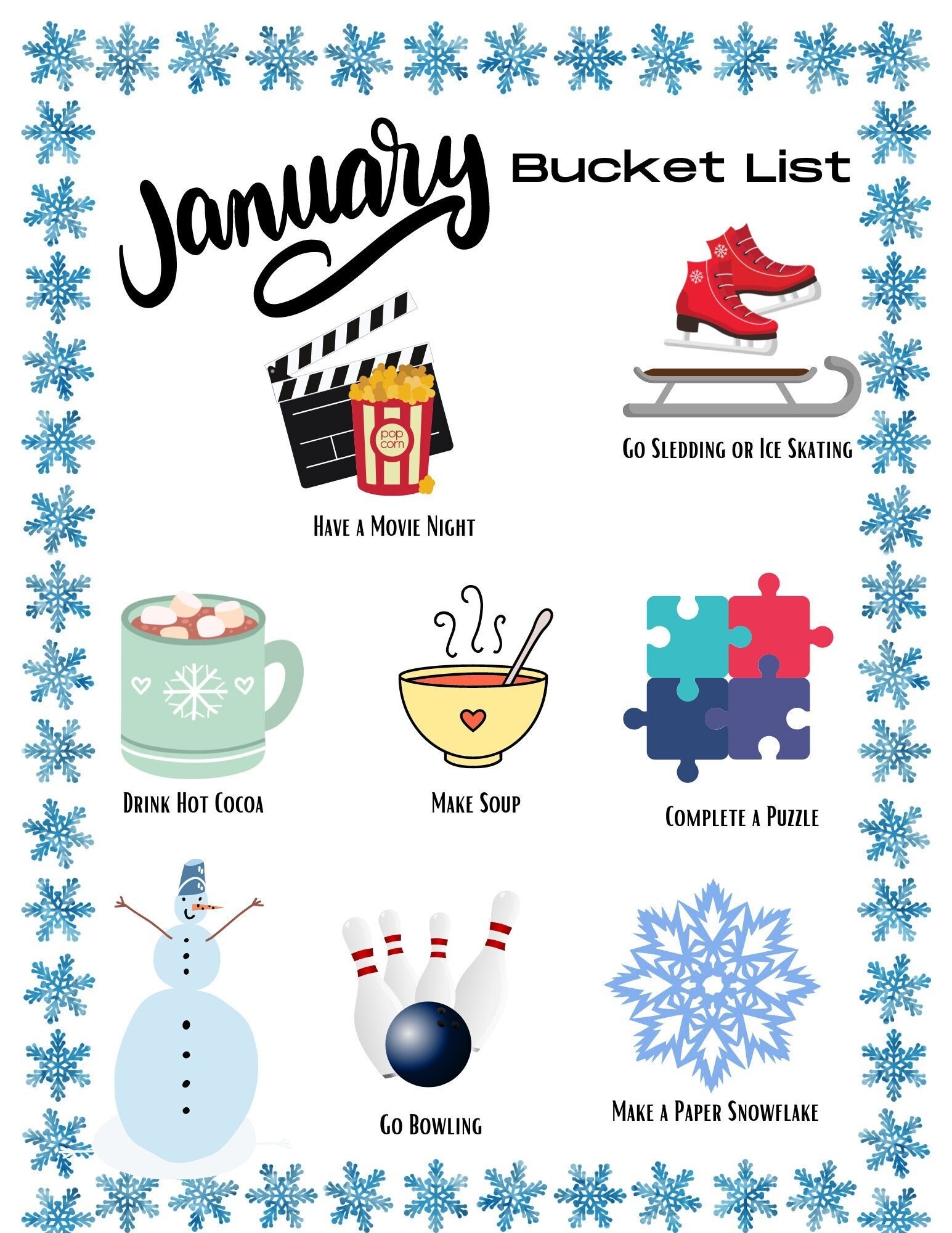 January Bucket List Printable Fun Colorful Etsy