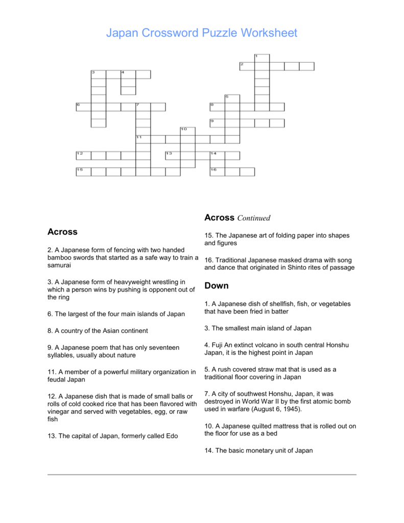 Japan Crossword Puzzle Worksheet Culture Geography
