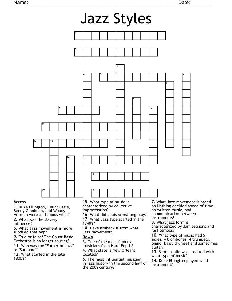 Jazz Styles Crossword WordMint Jazz Styles Crossword WordMint