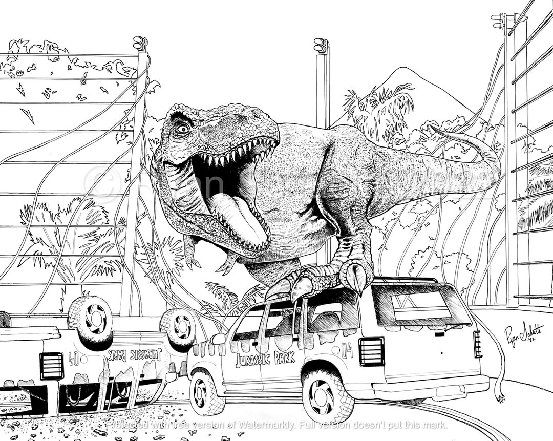 Jurassic Park T rex Ryan Schuette Jurassic World Coloring Printable Adult Coloring Page Instant Download Grayscale Illustration Etsy