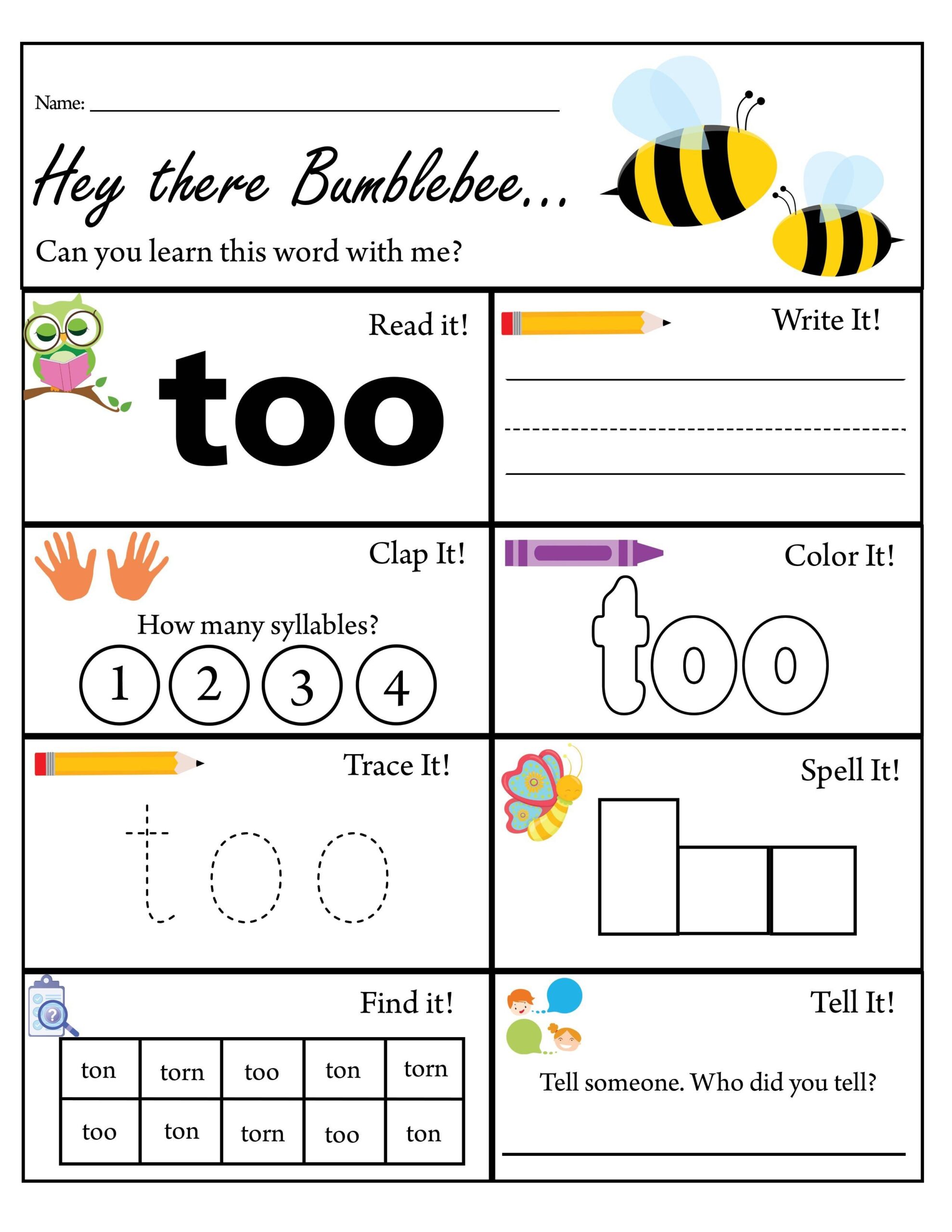 Kindergarten Sight Word Too Worksheet Dolch Sight Words TPT