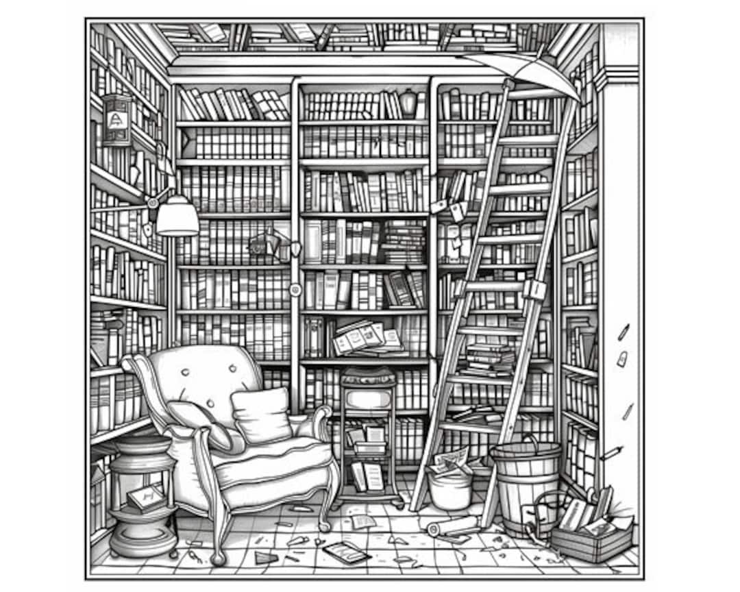 Library Nook Coloring Page Etsy