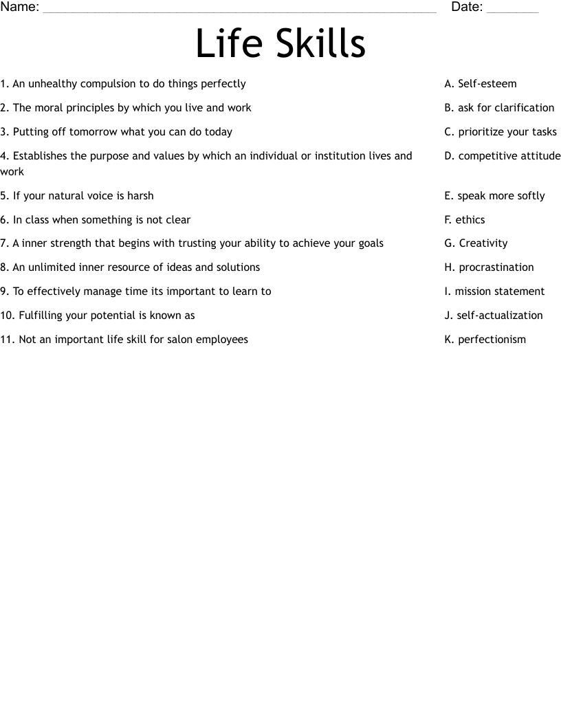 skills worksheet life skills
