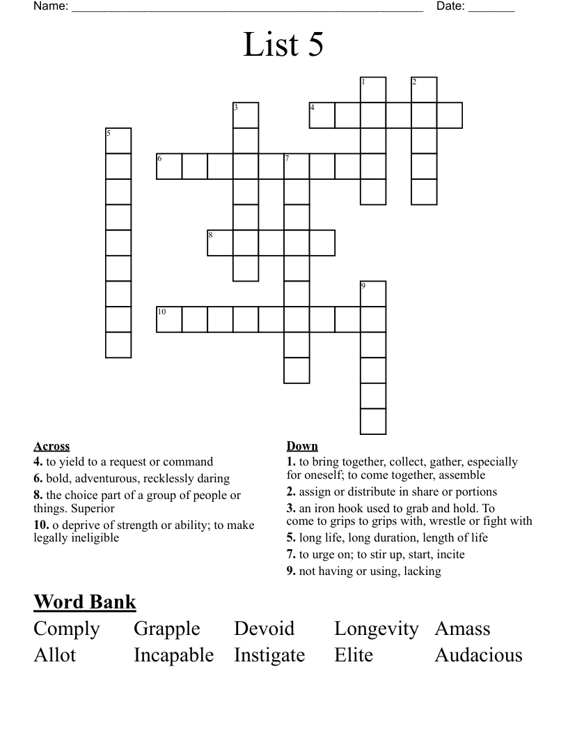 List 5 Crossword WordMint List 5 Crossword WordMint