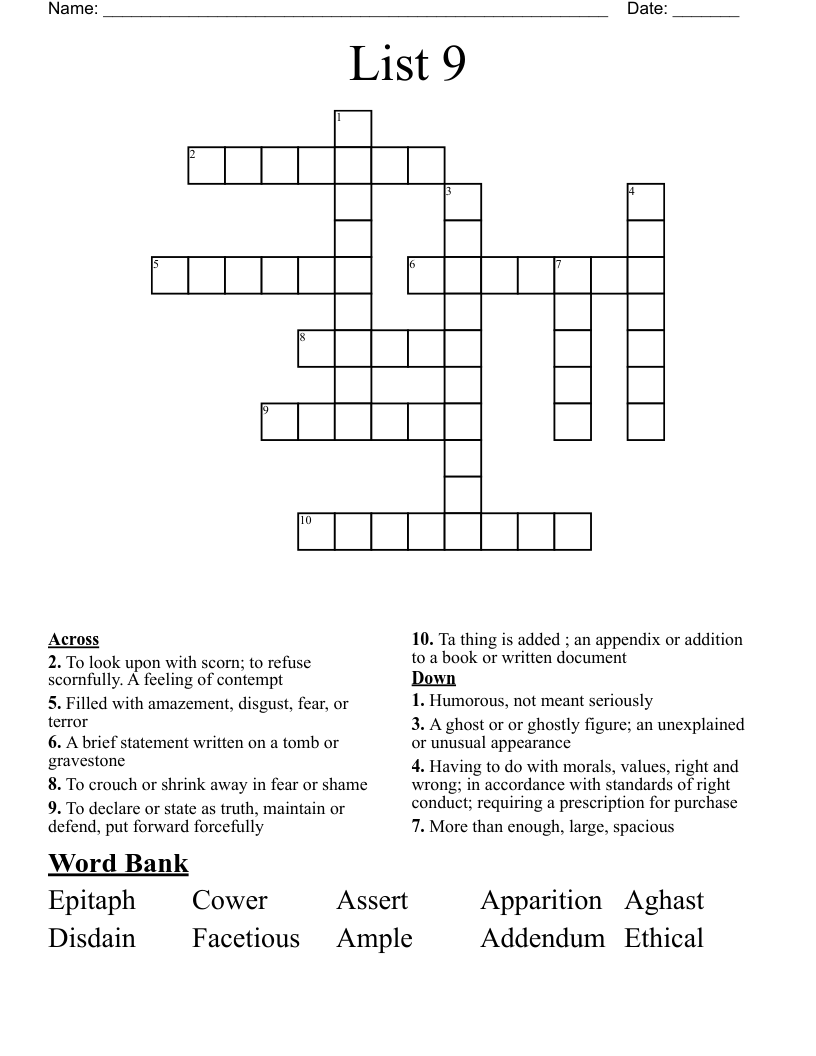 List 9 Crossword WordMint