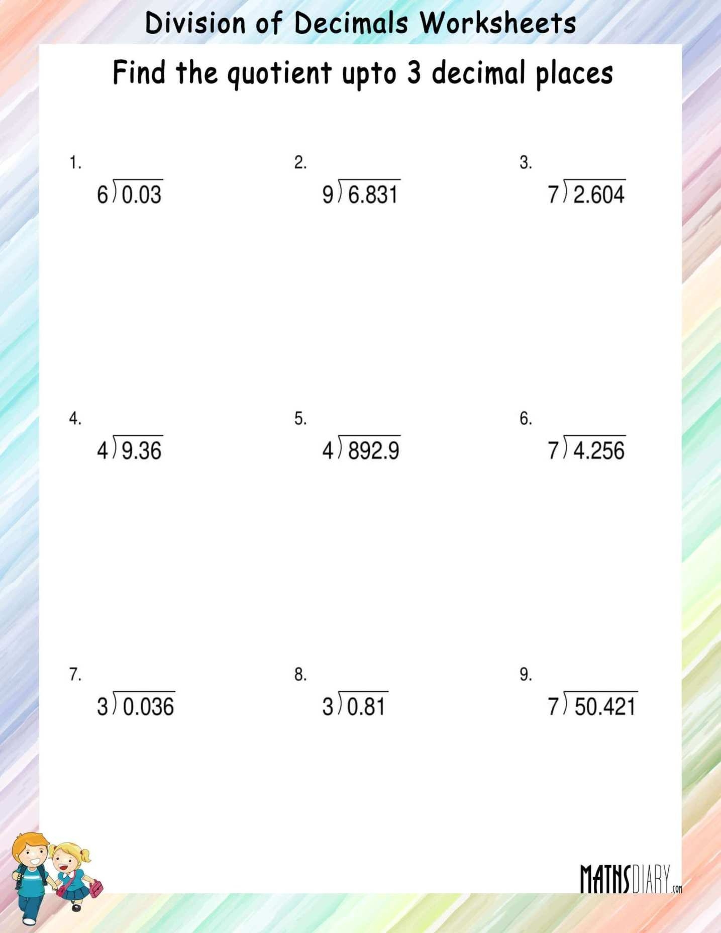 Long Division Of Decimal Numbers By Whole Numbers Math Worksheets MathsDiary