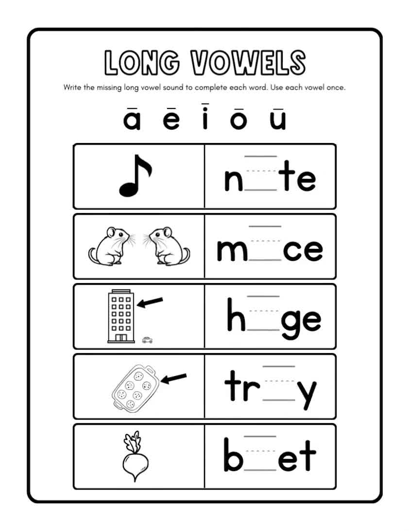 long vowel sounds worksheets