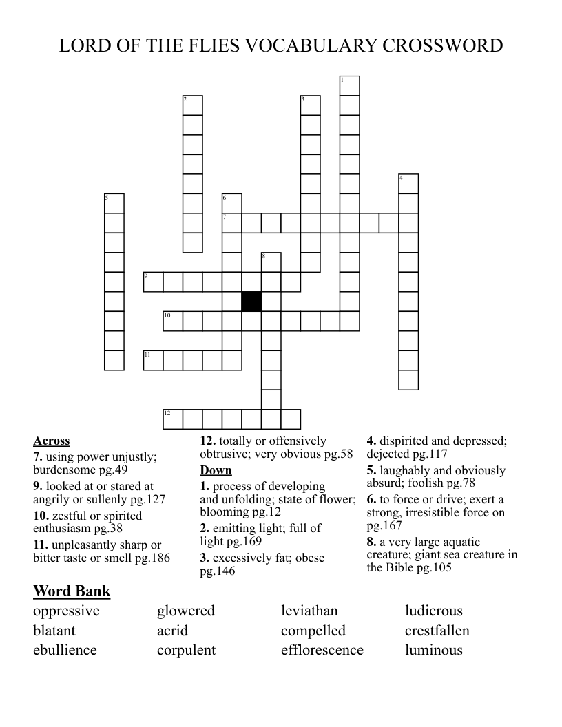 LORD OF THE FLIES VOCABULARY CROSSWORD WordMint