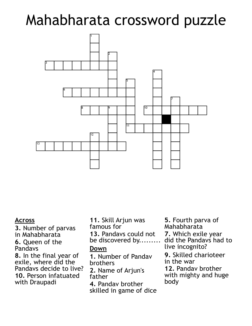 Mahabharata Crossword Puzzle WordMint
