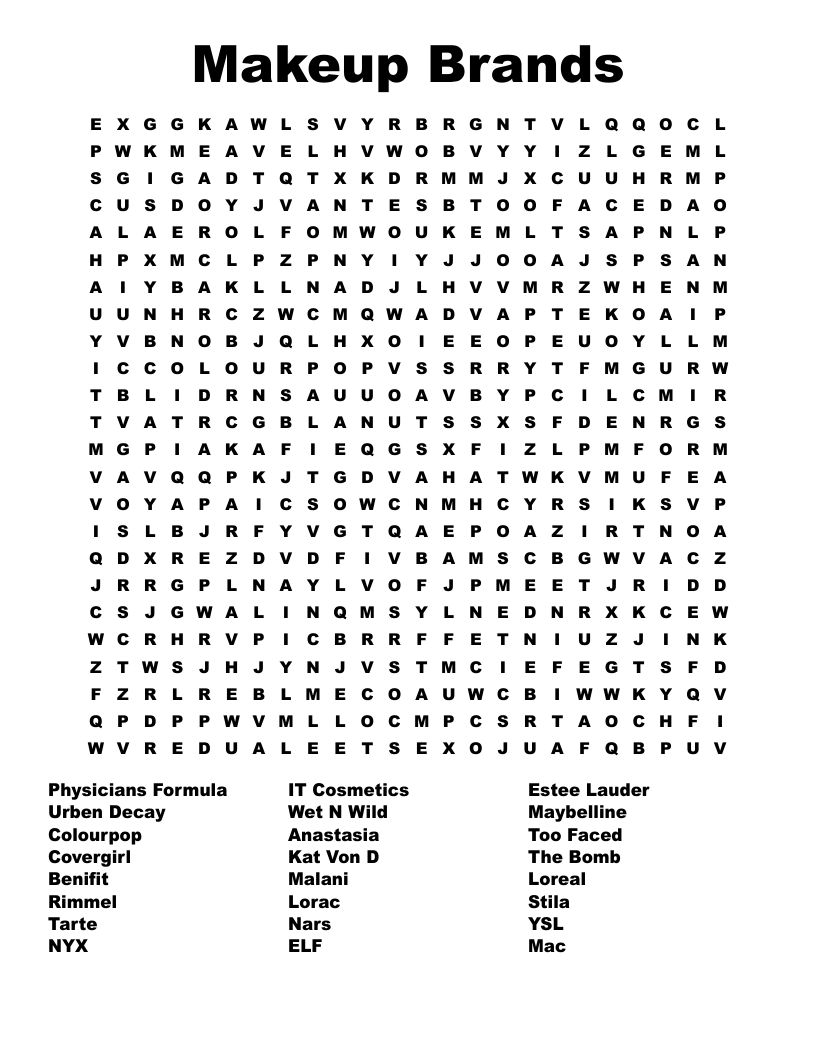 Makeup Brands Word Search WordMint