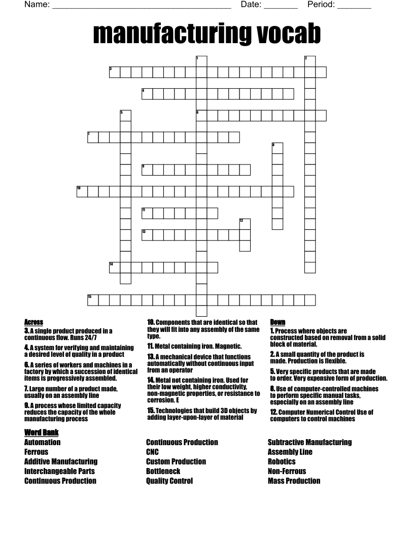 Manufacturing Vocab Crossword WordMint