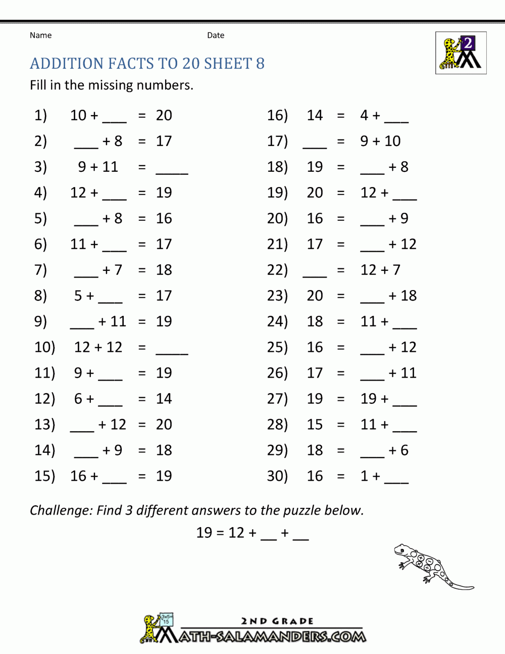 Math Addition Facts To 20