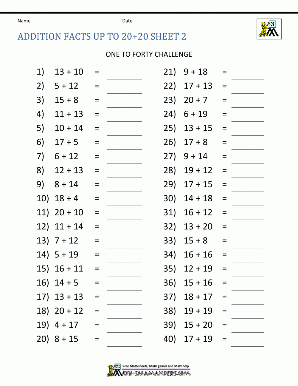 Math Addition Facts To 20