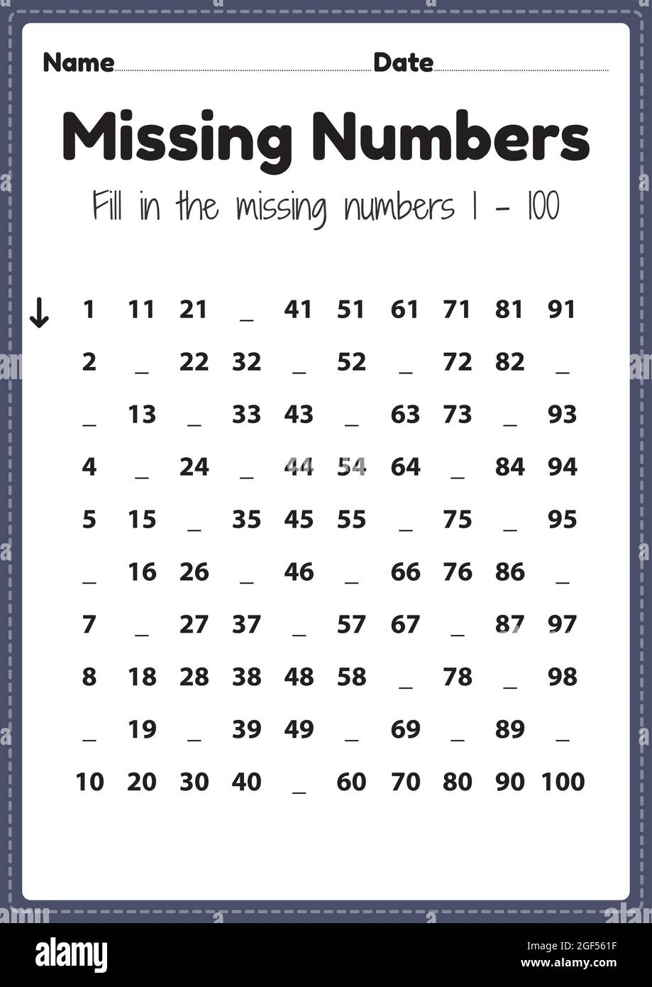 Maths Worksheet For Nursery Missing Numbers 1 To 100 Printable Sheet For Preschool And Kindergarten Kids Activity To Learn Basic Mathematics Skills Stock Vector Image Art Alamy Maths Worksheet For Nursery Missing Numbers 1 To 100 Printable Sheet For Preschool And Kindergarten Kids Activity To Learn Basic Mathematics Skills Stock Vector Image Art Alamy