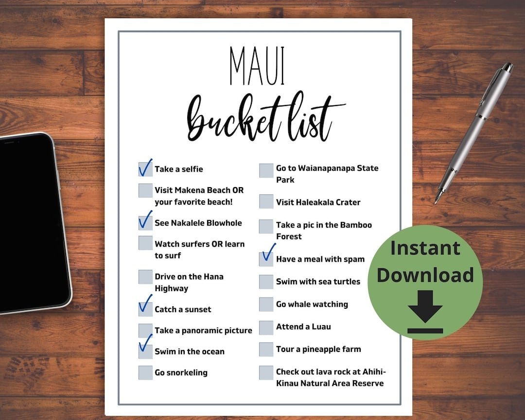 Maui Bucket List Printable Maui Hawaii Vacation Check List Etsy