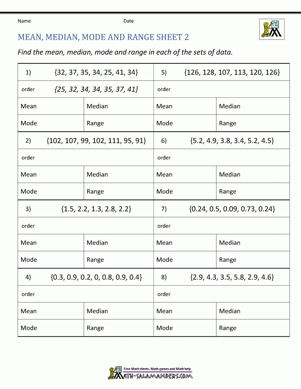 Mean Median Mode Range Worksheets