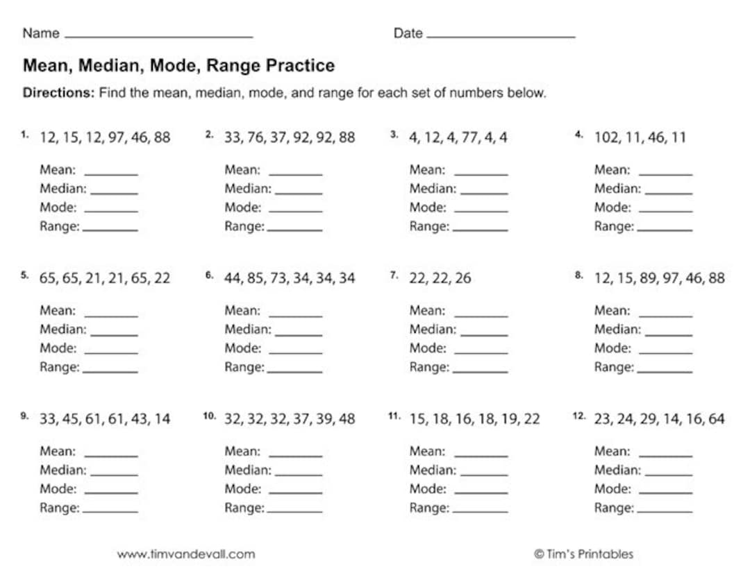 mean median mode range worksheets