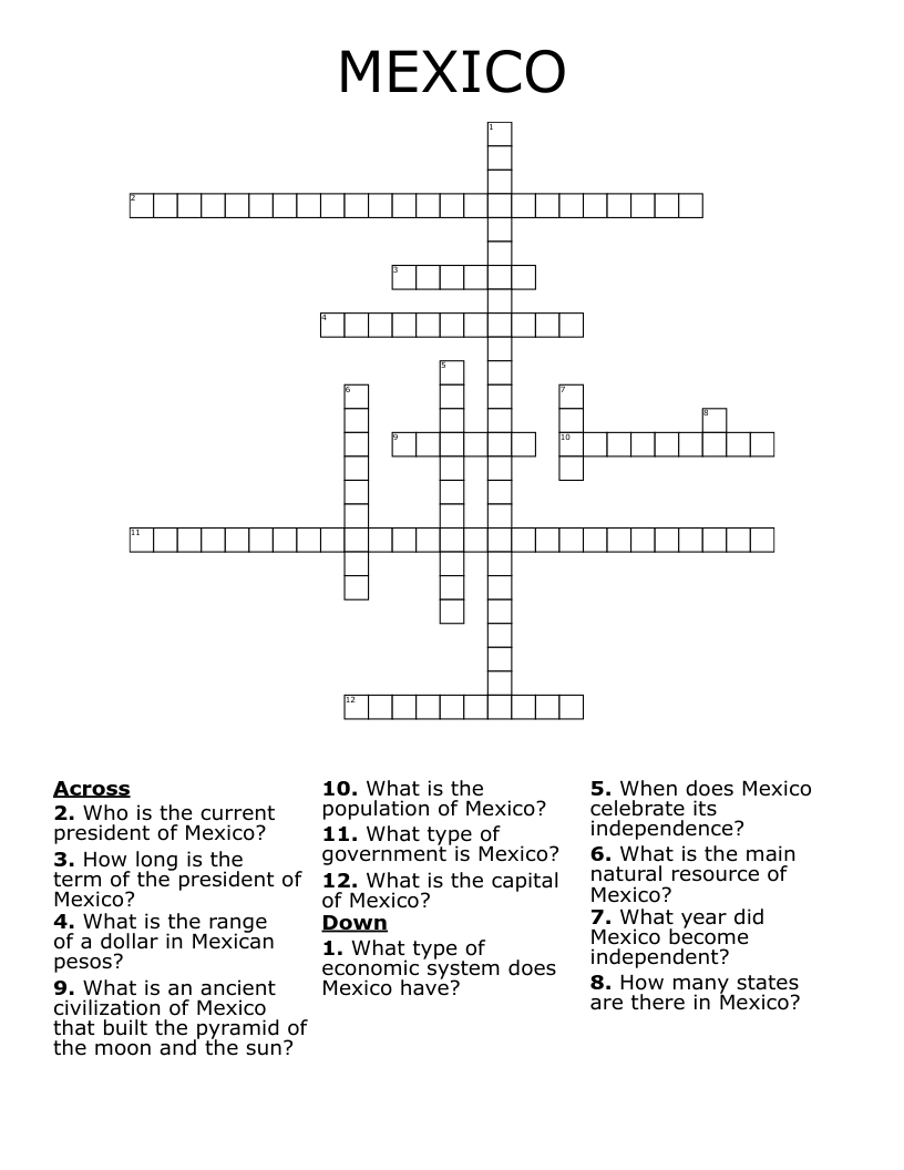 Mexican Culture Crossword Puzzle WordMint