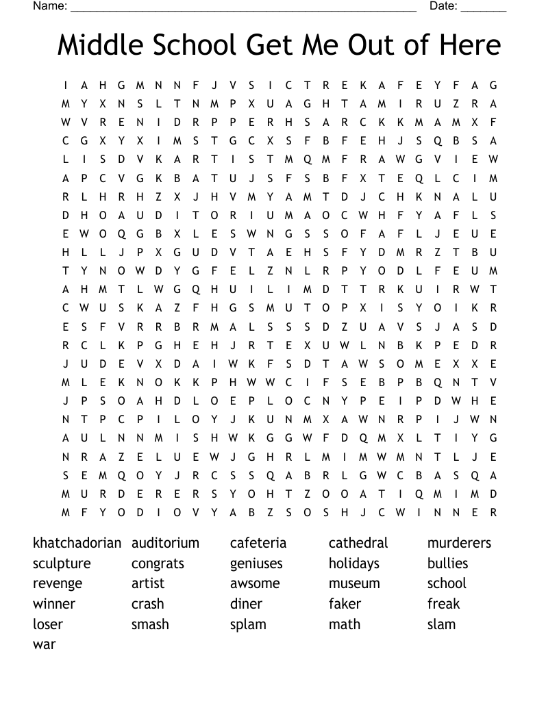 Middle School Get Me Out Of Here Word Search WordMint