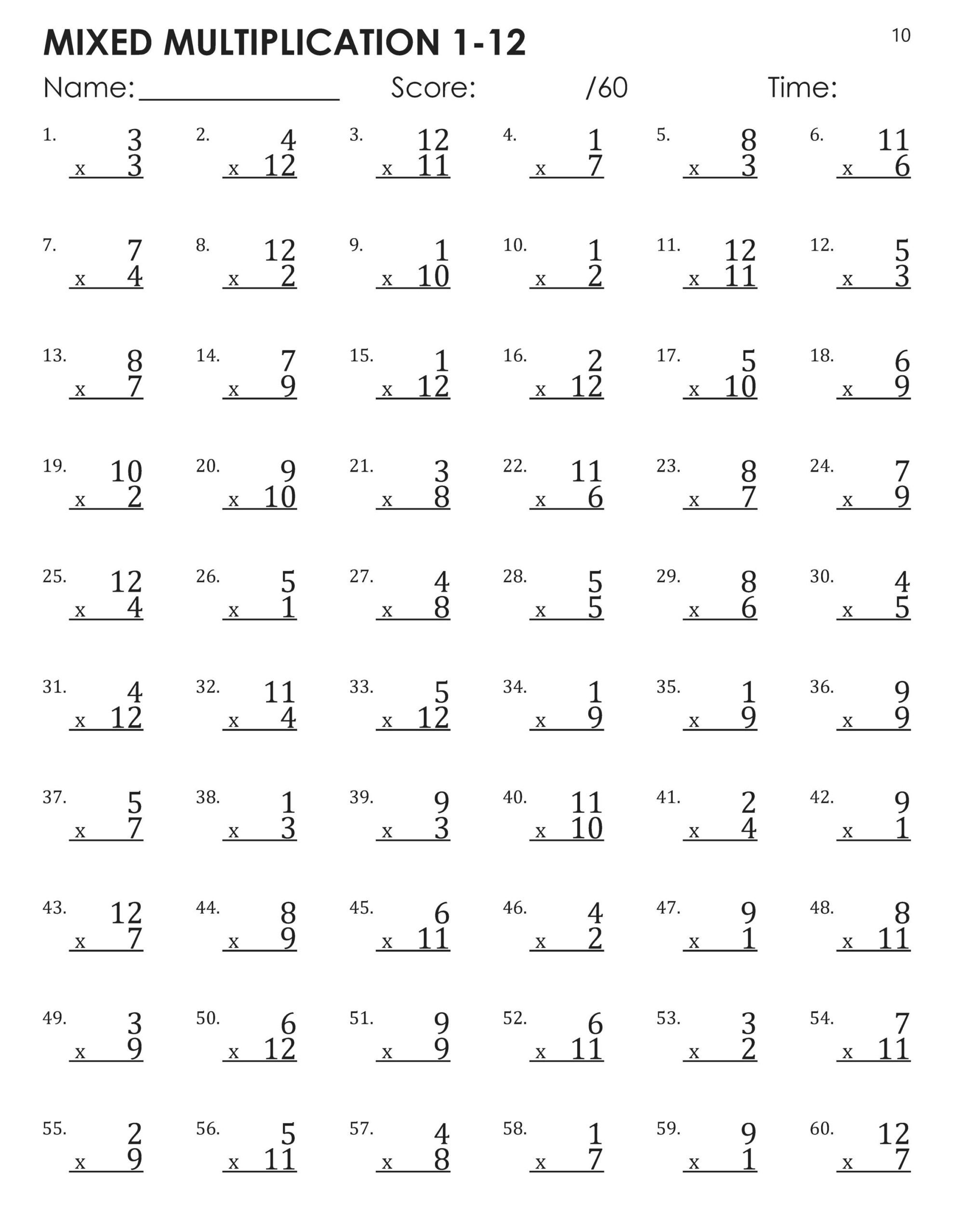 Mixed Multiplication Facts 1 12 Timed Tests Worksheets Etsy