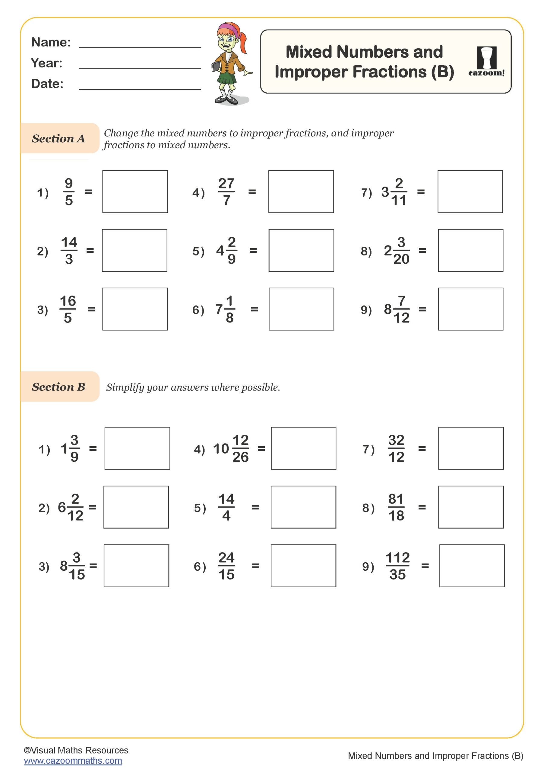Mixed Numbers And Improper Fractions B Worksheet PDF Printable Number Worksheets